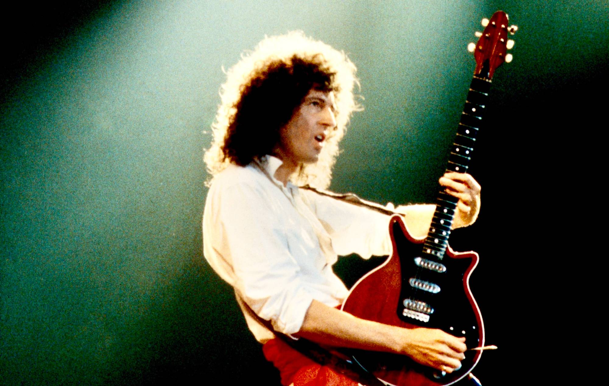 Brian May of Queen, The Works Tour Wembley Arena 9/5/84 (Photo by Steve Rapport/Getty Images)