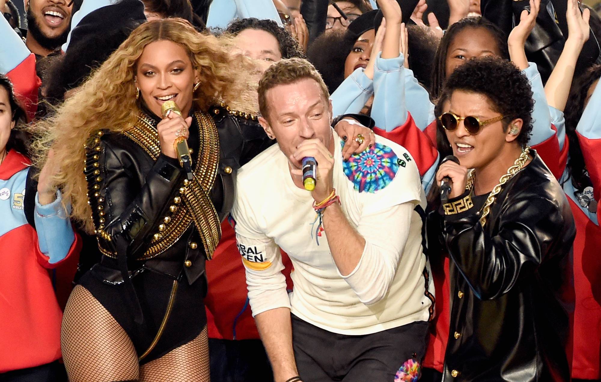 Beyonce, Chris Martin of Coldplay and Bruno Mars perform onstage during the Pepsi Super Bowl 50 Halftime Show at Levi's Stadium on February 7, 2016 in Santa Clara, California. (Photo by Kevin Mazur/WireImage)