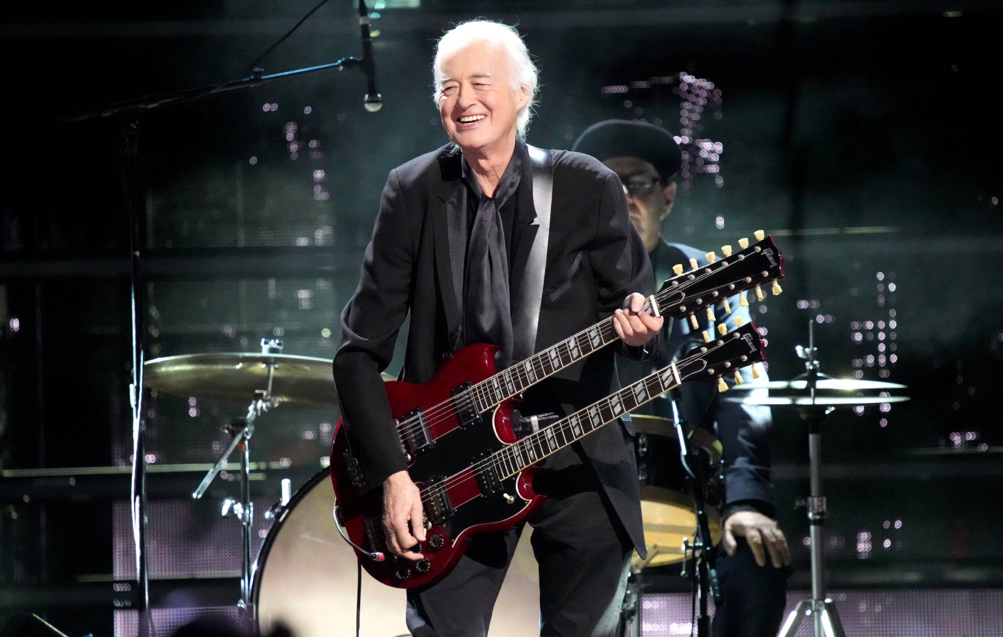 Jimmy Page performs onstage at the 38th Annual Rock & Roll Hall Of Fame Induction. (Photo by Jeff Kravitz/FilmMagic)