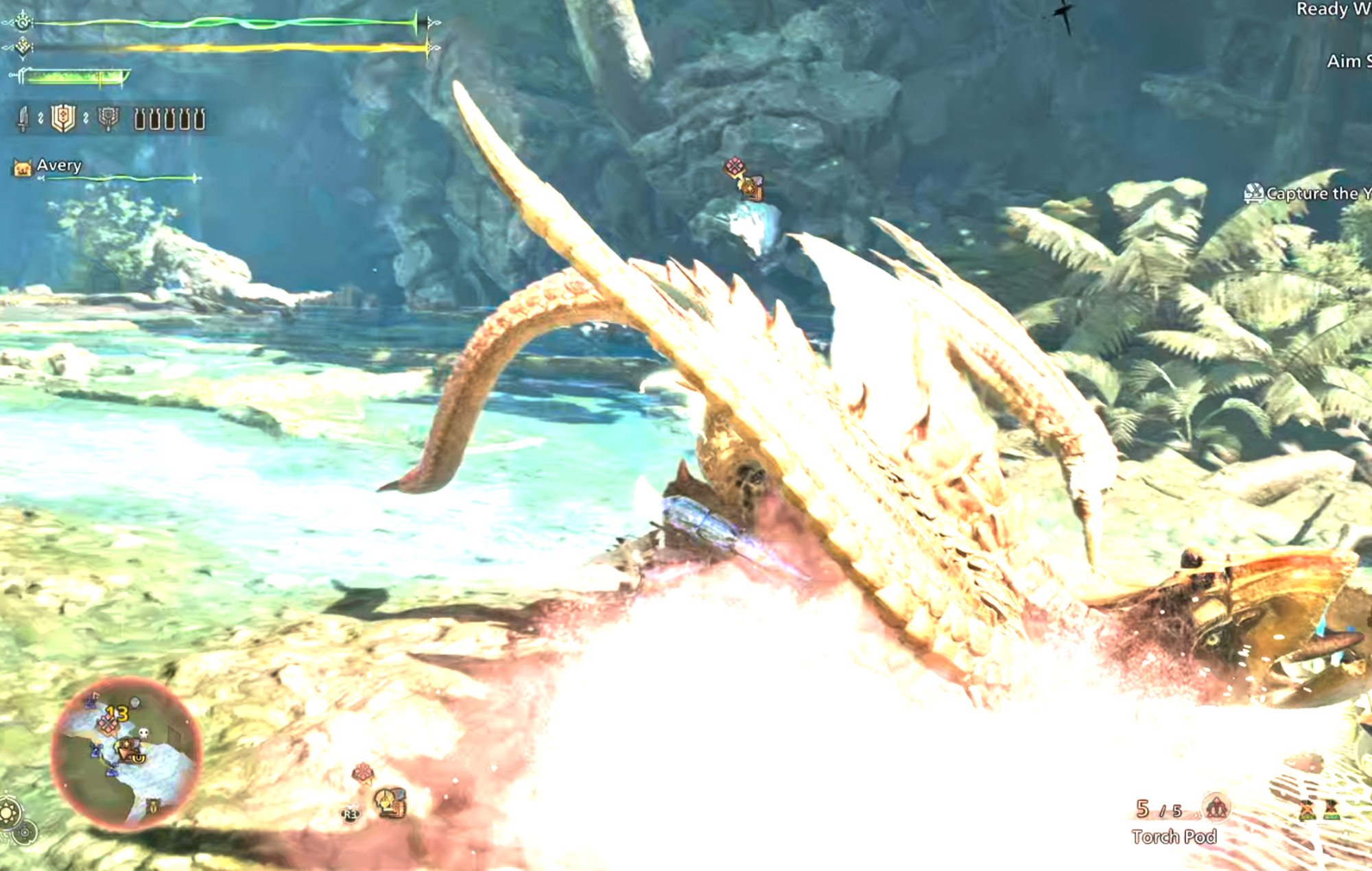 Monster Hunter Wilds How to Capture Monsters: A Yian-Kut-Kut can be seen being captured.