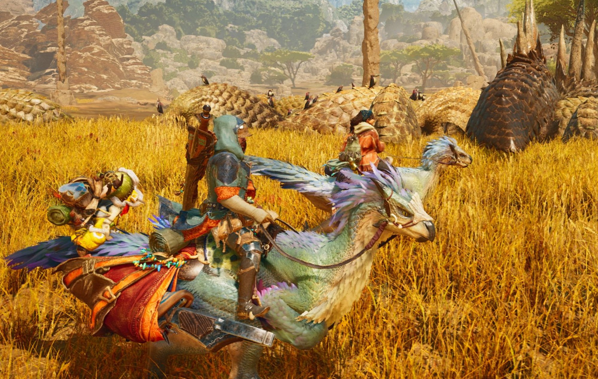 Monster Hunter Wilds How to Capture Monsters: Alma and the player can be seen on a Seikret.