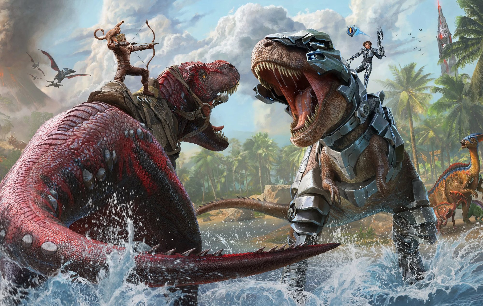 PS Plus May 2025 Games: Several people and dinosaurs can be seen fighting