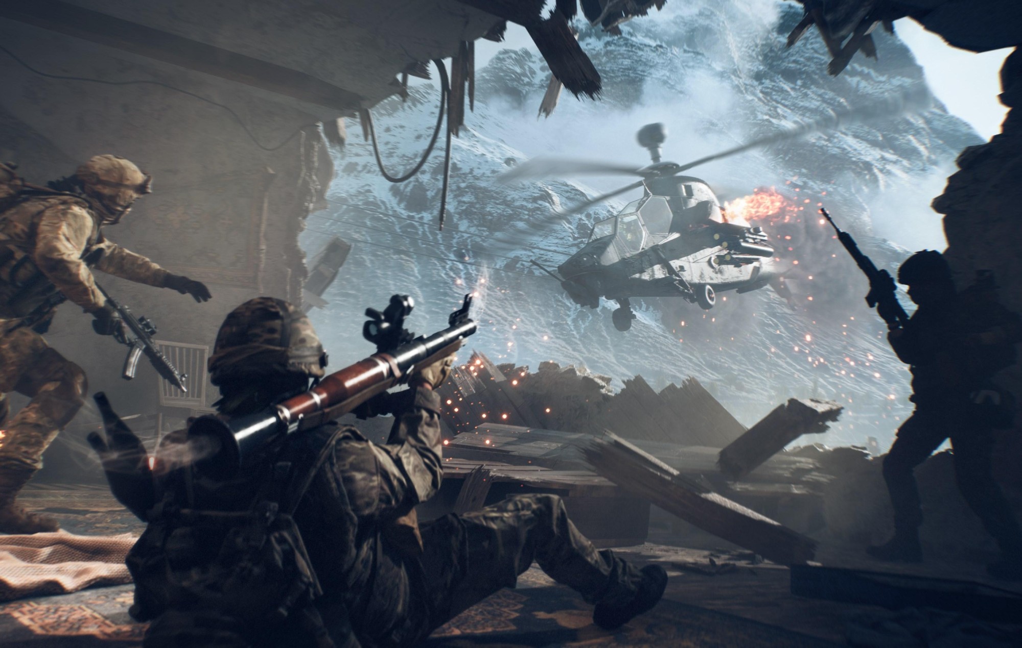 Battlefield 6 GeForce Now: Several players can be seen fighting against a helicopter